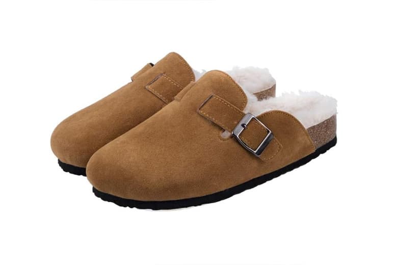 Slip-On Faux Fur Shearling Mules - Women's Cosy Indoor Slippers, PU Leather, Rubber Sole