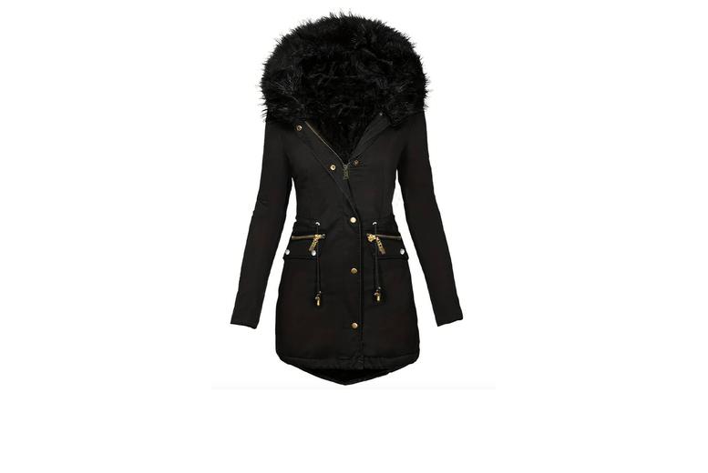 Faux Fur Hood Parka Jacket - Thermal-Lined, Zip Up, Longline, 8 Sizes, 5 Colours