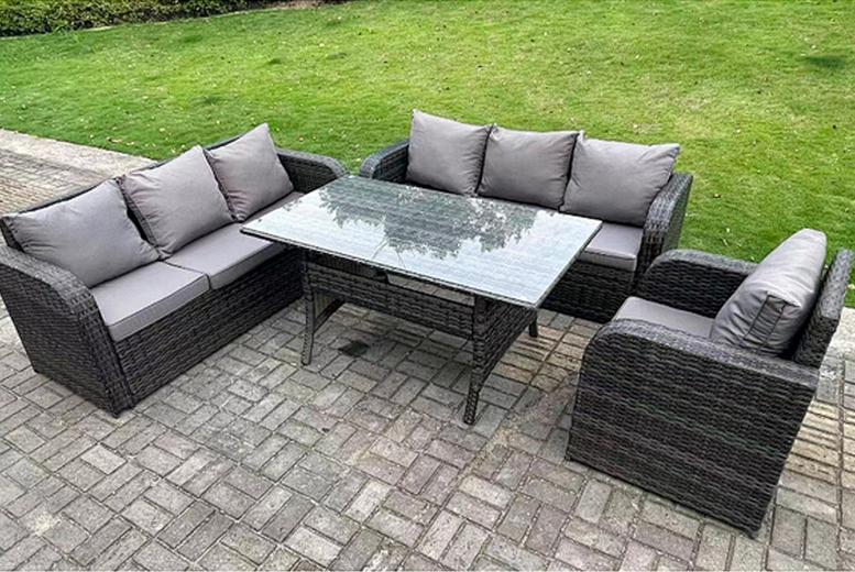 7-Seater Dark Grey Pe Wicker Rattan Garden Dining Set With Reclining Sun Lounger