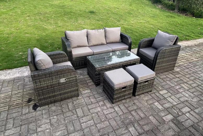 Weather-Resistant 7-Seater Rattan Dining Set With Reclining Chairs - Dark Grey
