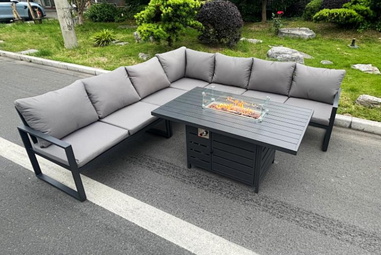 Modern Aluminium 7-Seater Outdoor Corner Sofa Set With Fire Pit