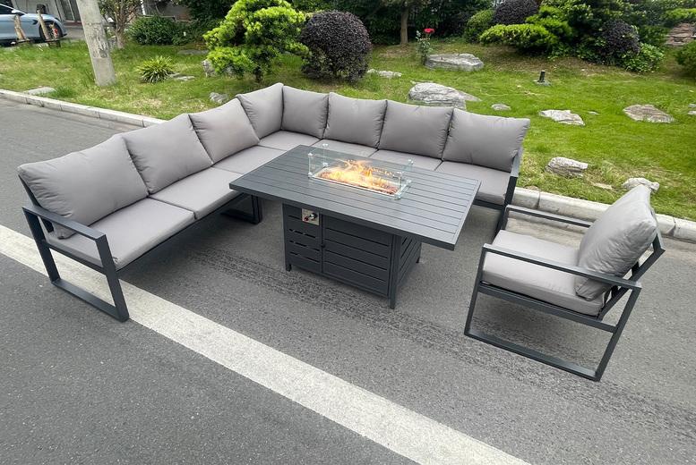 Modern Aluminium 8-Seater Corner Sofa & Fire Pit Garden Set