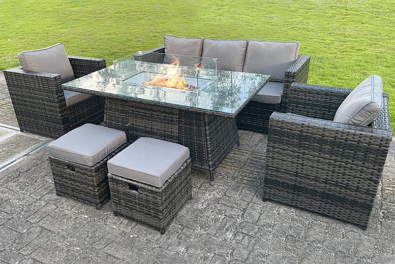 7-Seater Rattan Garden Dining Set With Gas Fire Pit Table - Weather-Resistant, Modern Outdoor Furniture