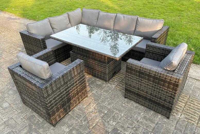 Weather-Resistant 8-Seater Rattan Dining Set With Fire Pit Or Lifting Table - Modern Grey