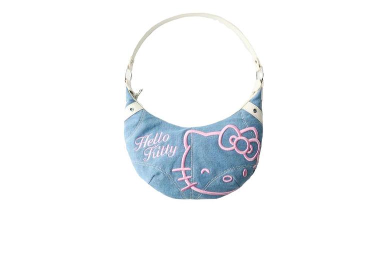 Y2K Denim Half Moon Shoulder Bag - Hello Kitty , Durable Denim, Compact Purse