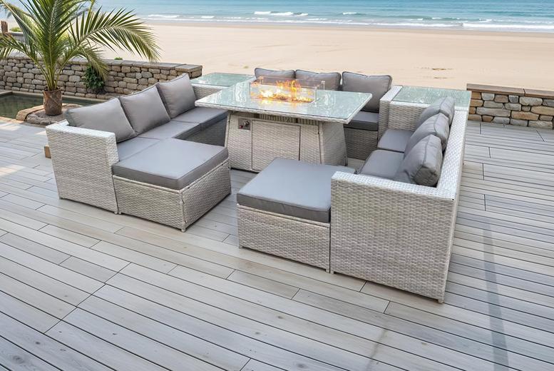 11-Seater Rattan Outdoor Dining Set With Firepit Table