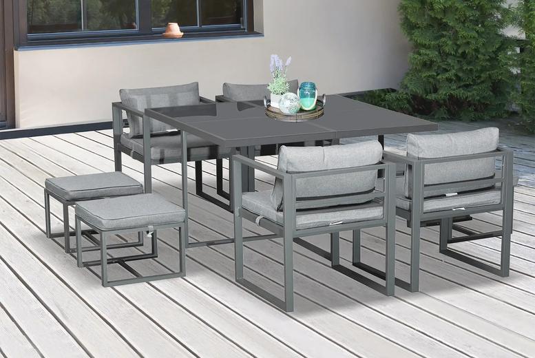 9Pc Aluminium Garden Dining Set - Grey, Cushioned, Space-Saving