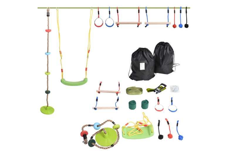 Outsunny Kids Ninja Warrior Obstacle Course 46Ft Outdoor Adventure Set (Ages 5-12) - Multi-Activity Slackline Kit