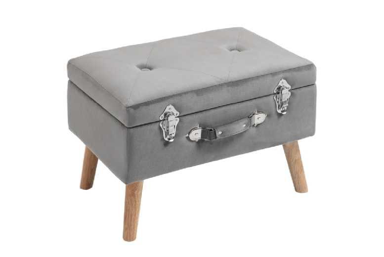 Grey Velvet Ottoman Storage Trunk With Wooden Legs - Multipurpose Seating & Hidden Storage Solution