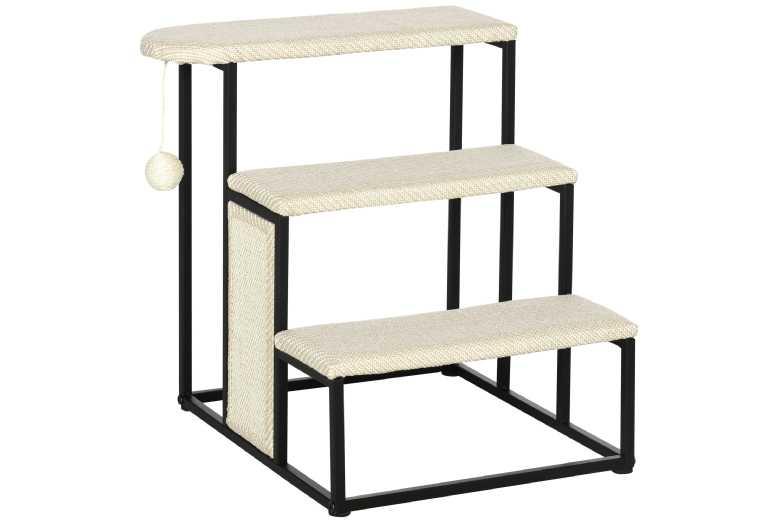 3-Step Cat Stairs With Sisal Scratching Board & Hanging Toy Ball - Steel Frame, Space-Saving Design, 47Cm