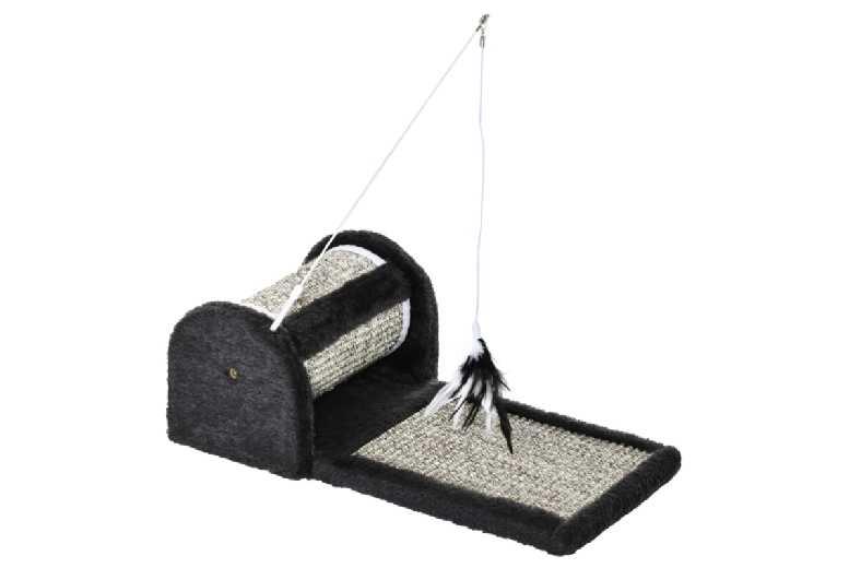 Cat Scratcher Mat With Feather Teaser, Roller Toy & Sisal Surface - Plush Grey, Space-Saving, 44Cm