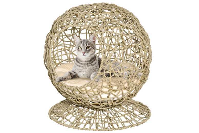 Elevated Wicker Cat Bed With Cushion - Modern Rattan Basket, Tripod Base, Cosy Enclosure