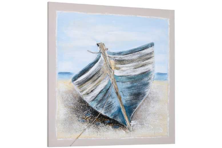 Price Drop! Hand-Painted Blue Boat Canvas Wall Art - Textured Modern Nautical Decor, 90 X 90Cm