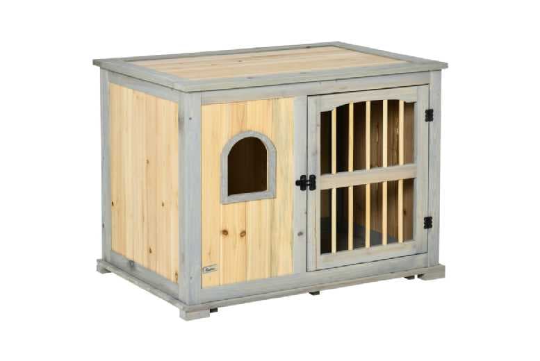 Luxury Wooden Dog Crate End Table With Lockable Door - Stylish Indoor Kennel For Medium/Large Breeds, Grey/Natural