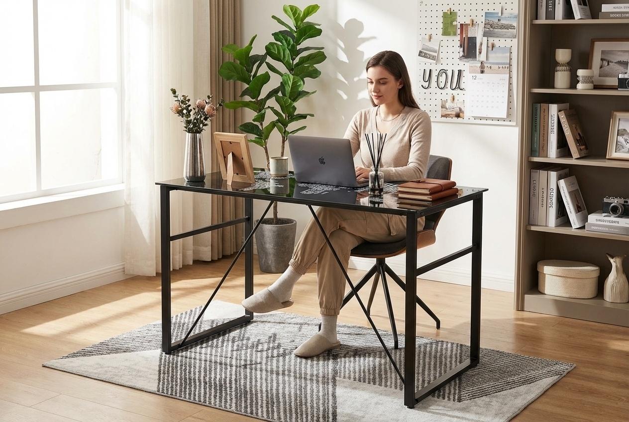 Contemporary Tempered Glass & Steel Study Desk - Modern Bedroom Workspace With World Map Design