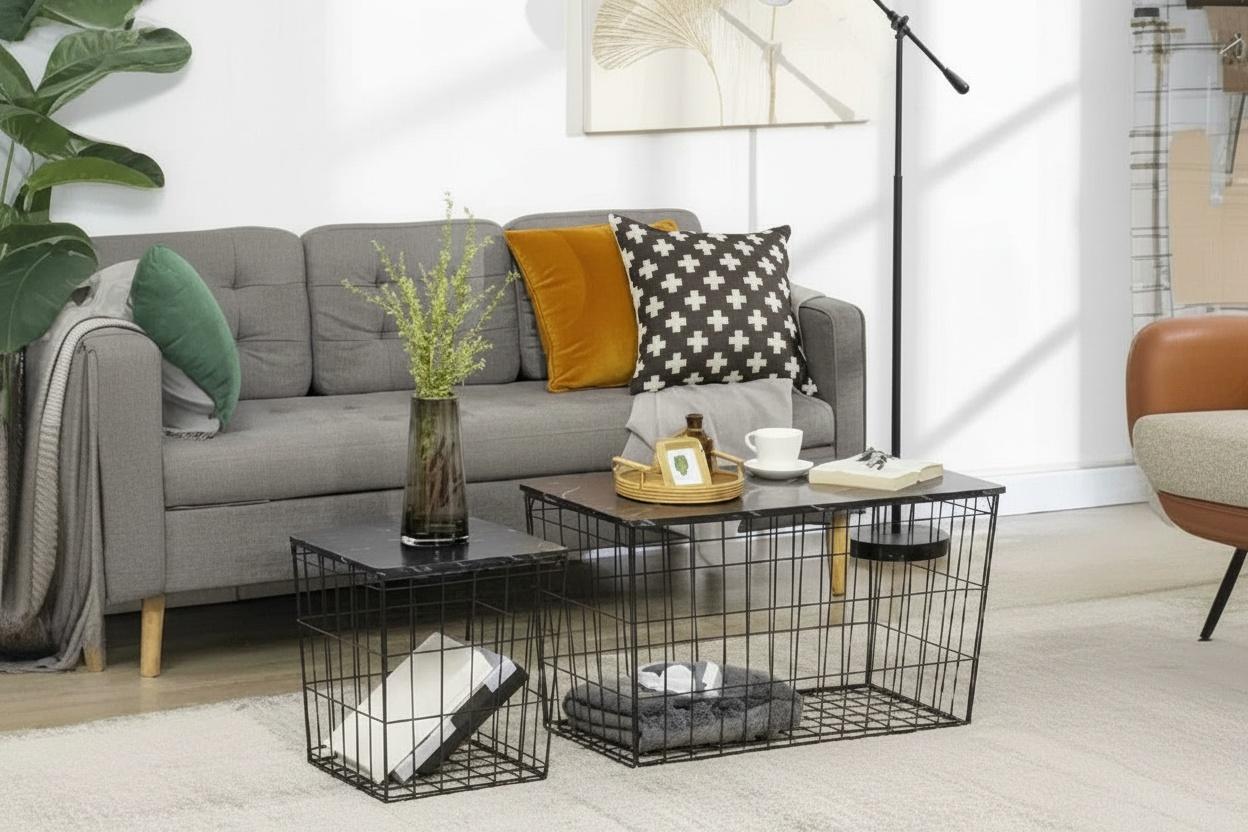 Homcom Black Marble-Effect Steel Storage Side Table Set - Modern Bedroom Accent With Hidden Storage, 2-Piece