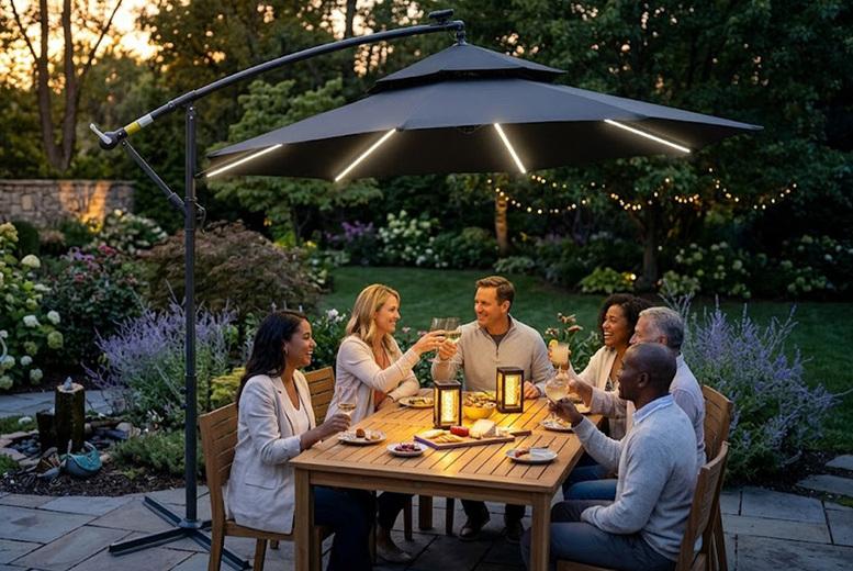 Outsunny 3M Cantilever Banana Parasol With Solar Led Lights, Crank Handle, 8-Rib Frame & Cross Base - Black
