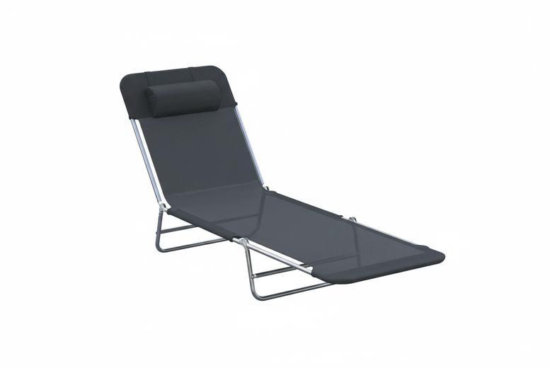 Outsunny Foldable Sun Lounger - 6-Level Adjustable Reclining Garden Chair With Headrest Pillow In Black