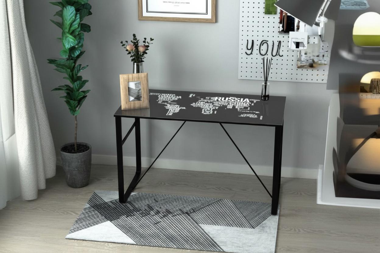 Contemporary Glass Top Bedroom Study Desk - Tempered Glass, Steel Frame, Modern World Map Design