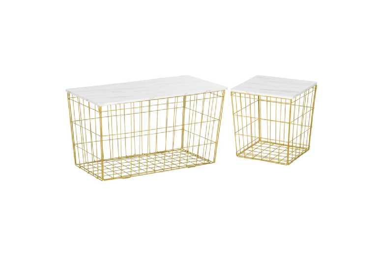 Set Of 2 Contemporary Marble-Effect Steel Side Tables With Storage - Modern Living Room Accent Furniture