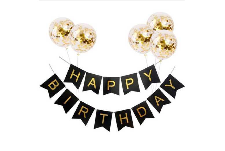 Deluxe Happy Birthday Banner & Balloon Party Set - Gold Script, Reusable, 3M Banner, Latex Balloons - Stylish Party Decor