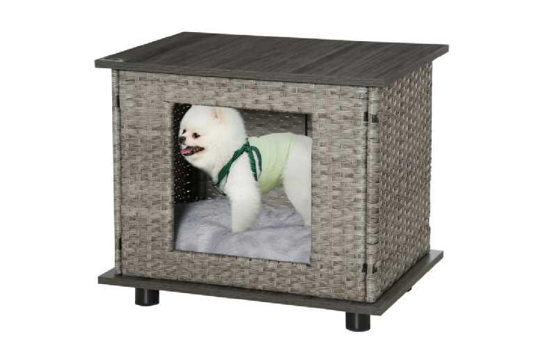 Luxury Wicker Dog Bed & Raised Rattan Pet End Table With Cushion - Grey, Indoor Elevated Dog House