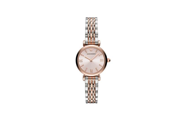 Early Bird! Emporio Armani Gianni T Bar Pink Dial Two-Tone Steel Strap Watch For Women