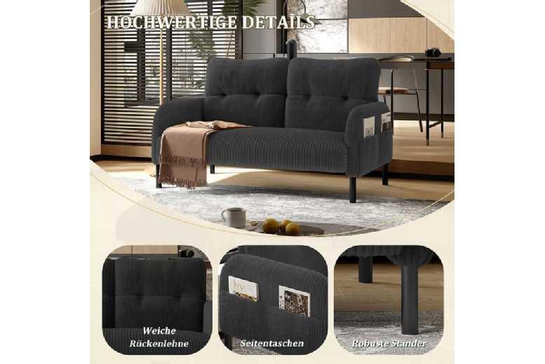 Corduroy 2-Seater Sofa With Storage Pockets & Metal Legs - Modern Compact Fabric Couch