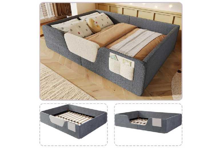 Velvet Finish Child Bed 140X190Cm With Removable Barriers And Storage Pocket In Modern Grey