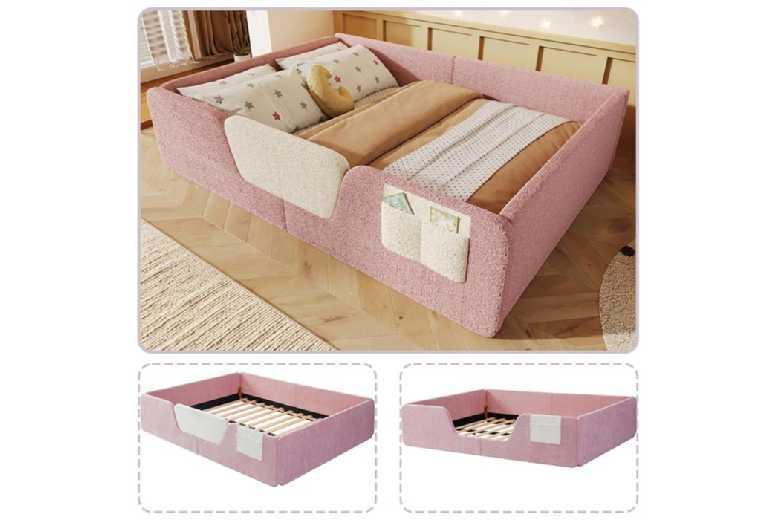 Velvet Pink Child Bed 140X190Cm With Removable Barriers And Storage Pocket
