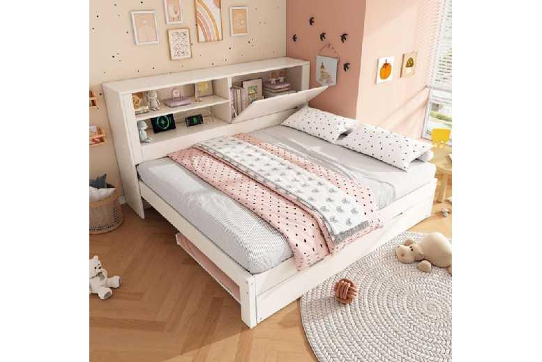 White 140X190 Bed Frame With Trundle, Usb Charging & Storage - Modern Space-Saving Design