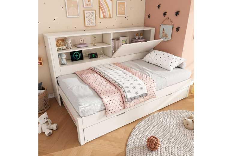 Modern White 2-In-1 Bed Frame With Trundle, Usb Charging & Storage - 90X190Cm