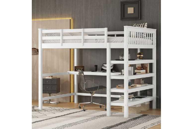 Kids Loft Bed With Desk & Storage - Solid Pine, White Finish