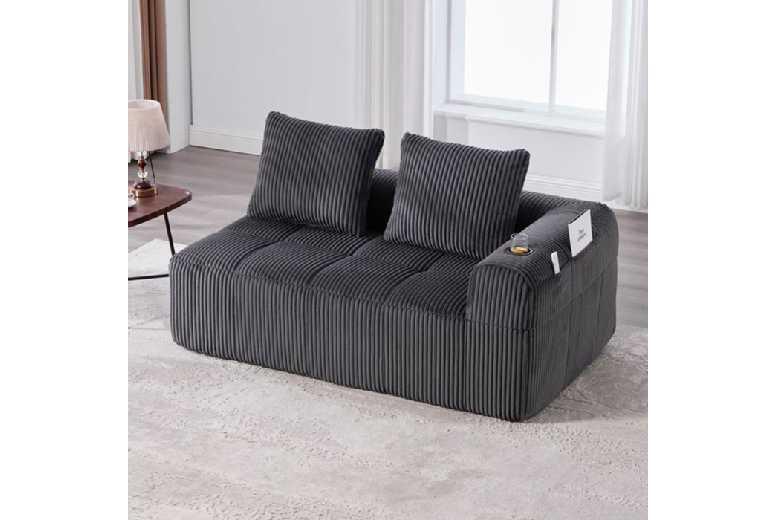 Grey Corduroy 2-Seater Sofa With Cup Holder & Storage - Modern Compact Couch