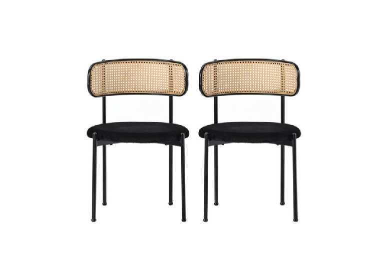 Rattan Dining Chairs Set Of 2 - Metal Legs & Velvet Cushions, Modern Seating