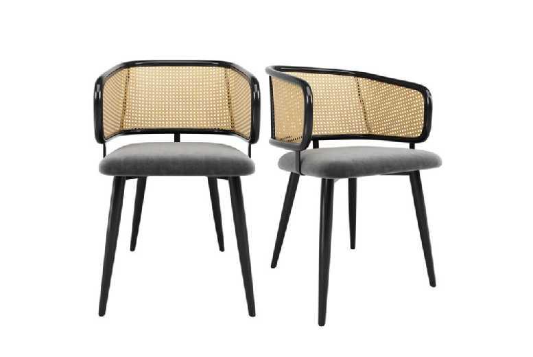 Set Of 4 Modern Rattan & Velvet Dining Chairs - Metal Frame, Ergonomic