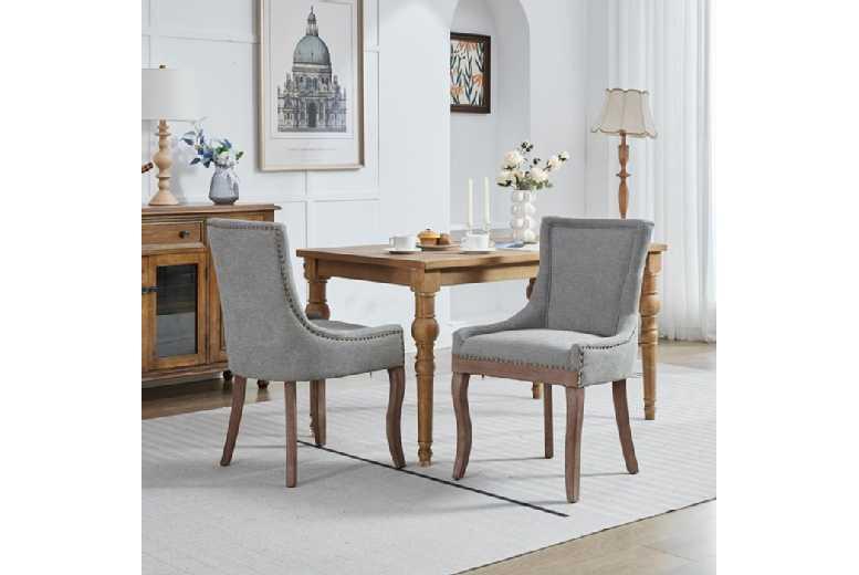 Set Of 2 Grey Upholstered Outdoor Dining Chairs With Solid Wood Legs - Modern Garden Seating