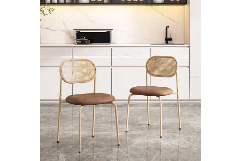 Set Of 2 Bohemian Rattan & Pu Outdoor Dining Chairs - Modern Space-Saving Garden Seating