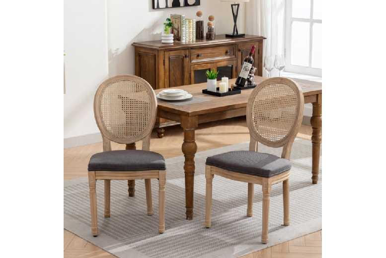 Set Of 2 Weather-Resistant Rattan & Solid Wood Garden Dining Chairs - Medallion Style, Linen Grey