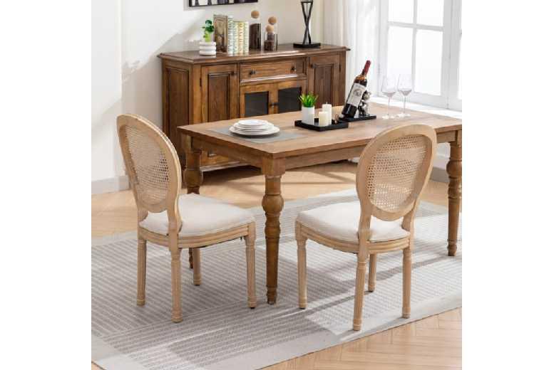 Set Of 2 Rattan & Solid Wood Dining Chairs - Medallion Style