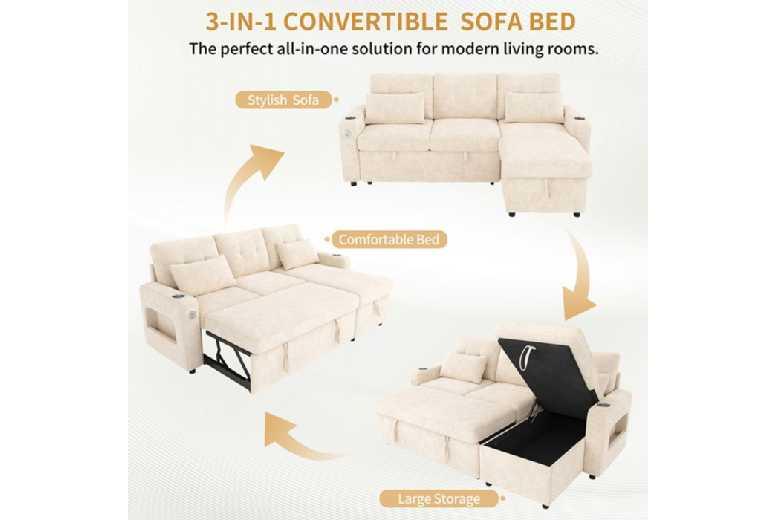 Modern Chenille L-Shaped Corner Sofa Bed With Storage, Usb Ports & Cup Holders - 3-4 Seater