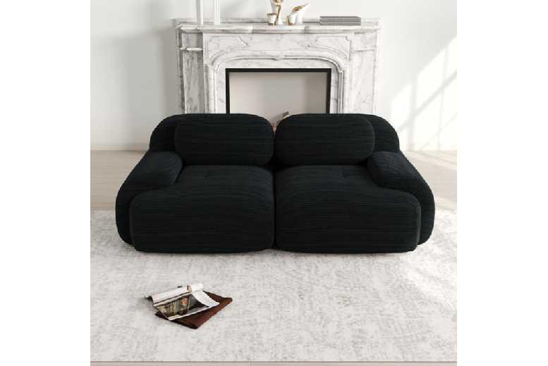 Modern Black Corduroy 2-Seater Sofa - Space-Saving Modular Couch With Curved Arms