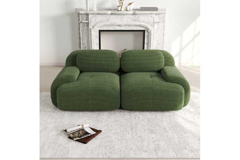 Green Corduroy Modular 2-Seater Sofa - Modern Fabric Lounge, Curved Arms