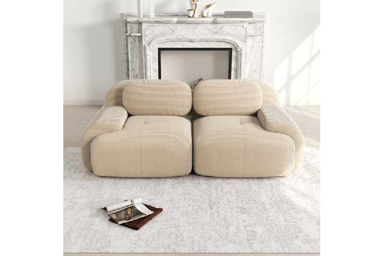 Beige Corduroy Modular 2-Seater Sofa - Modern Fabric Couch With Curved Arms For Small Spaces