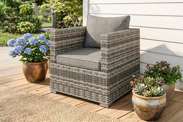 Single-Seater Rattan Sofa Chair With Padded Cushions & Armrests
