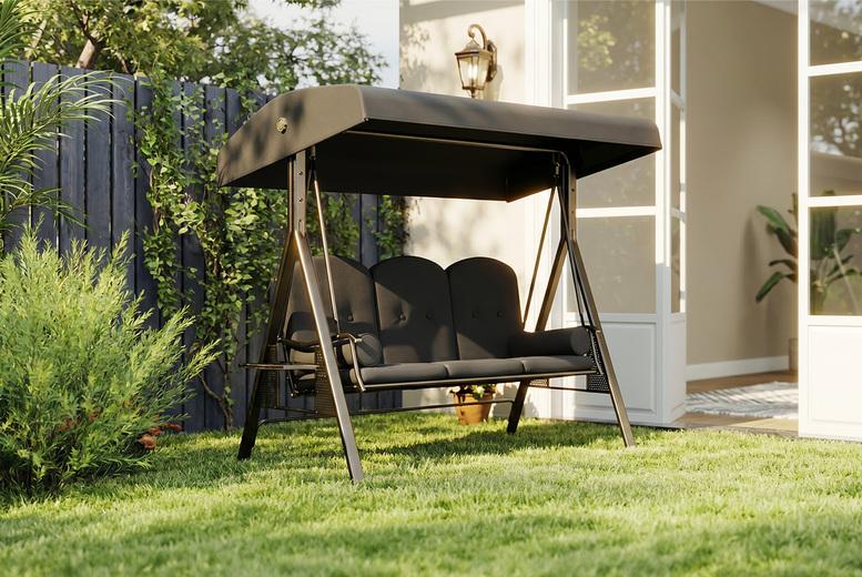 3-Seat Garden Swing Chair With Adjustable Uv Canopy, Cushions And Cup Trays