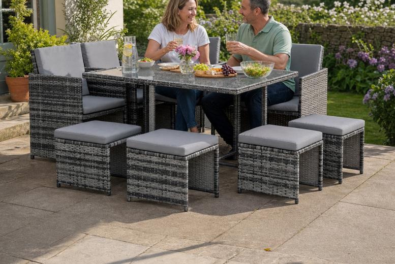 8-Seater Cushioned Rattan Outdoor Dining Set With Tempered Glass Table