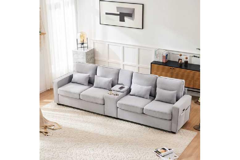 Light Grey Linen Modern 4-Seater Sofa With Console, Usb & Storage