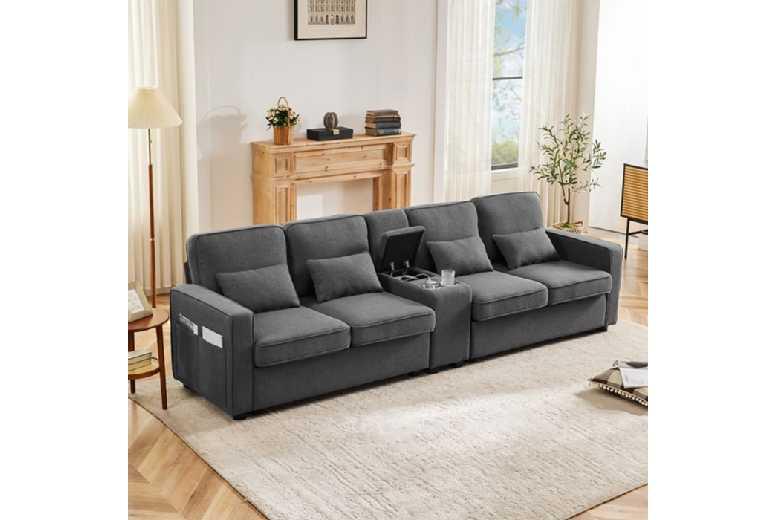 Dark Grey Linen Modern 4-Seater Sofa With Usb Ports & Storage - Family Size Fabric Couch