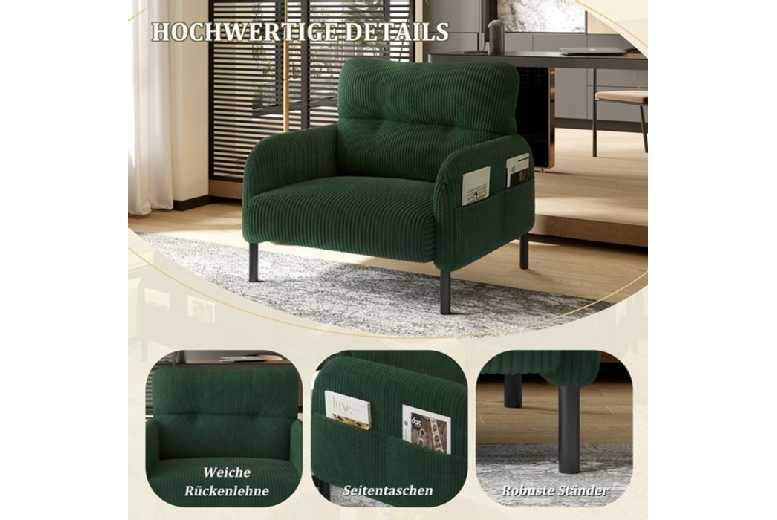 Green Corduroy Modern 1-Seater Sofa With Storage Pockets & Metal Legs